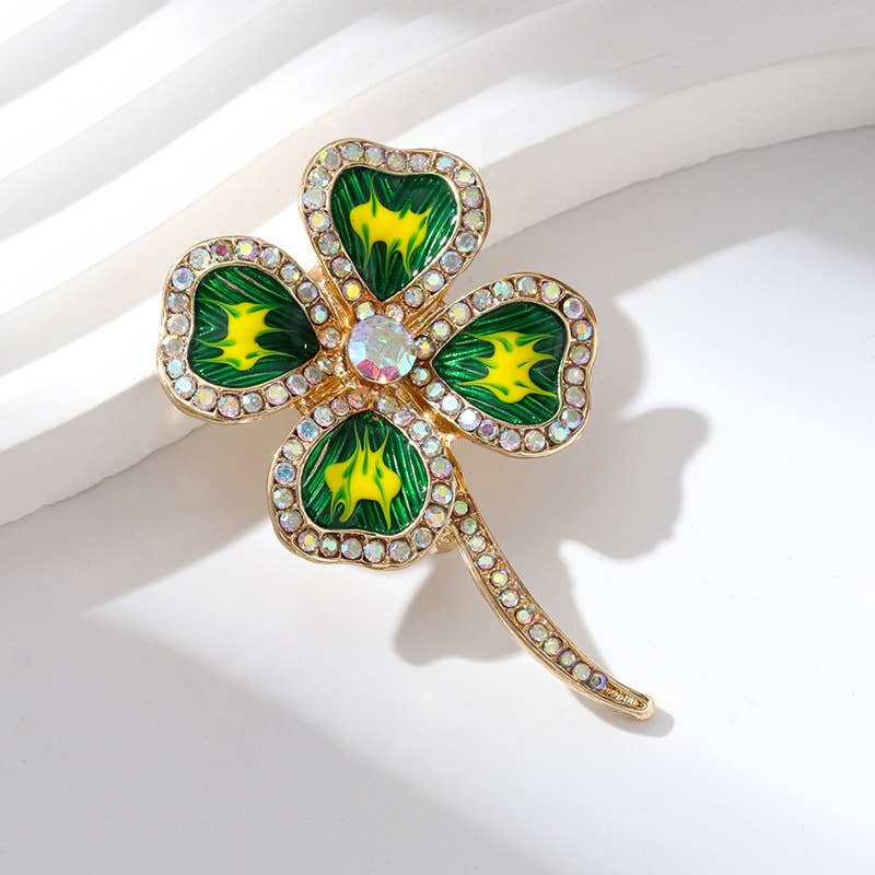 Enamel Leaf & Ladybug Accent Four-Leaf Clover Brooch