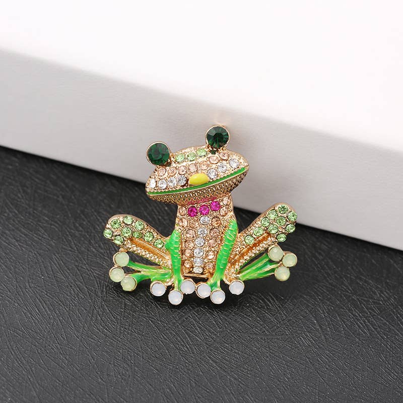Enamel Crown Frog Prince Brooch, Rhinestone Frog Pin