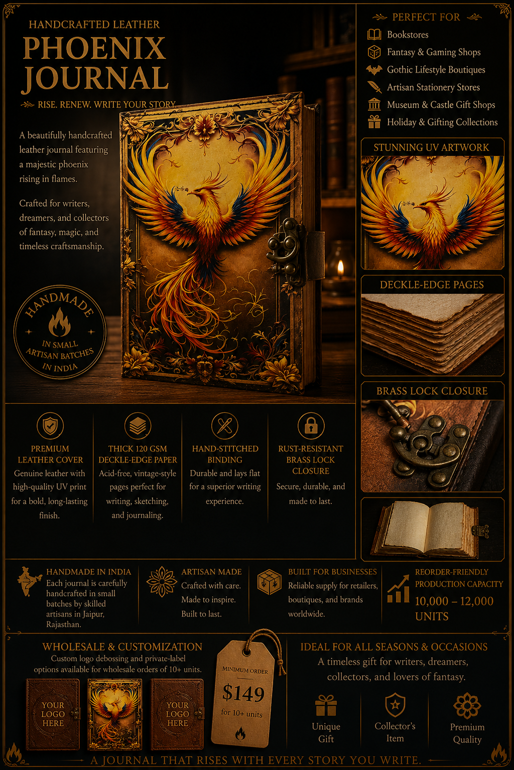 Phoenix Leather Journal with Firebird Art | Fantasy Notebook