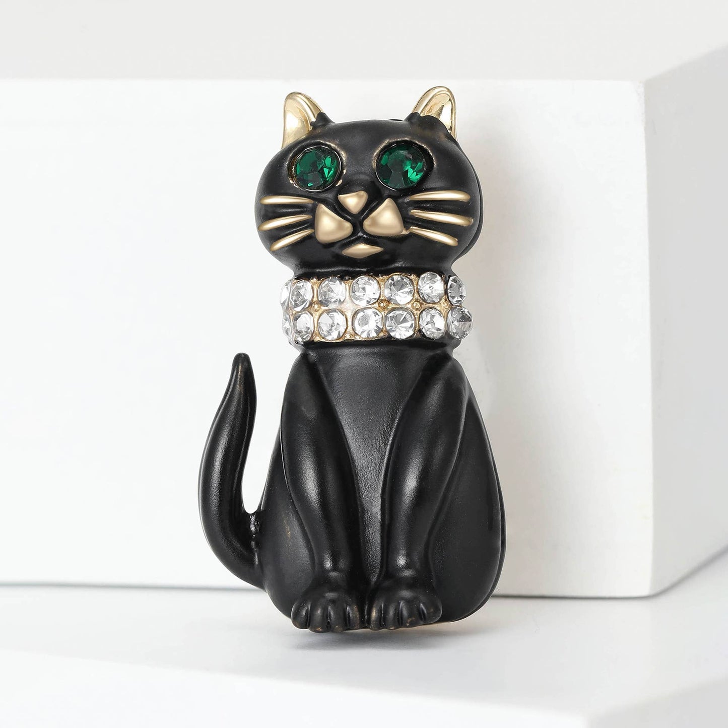 Gold Accent Rhinestone Collar Black Cat Brooch